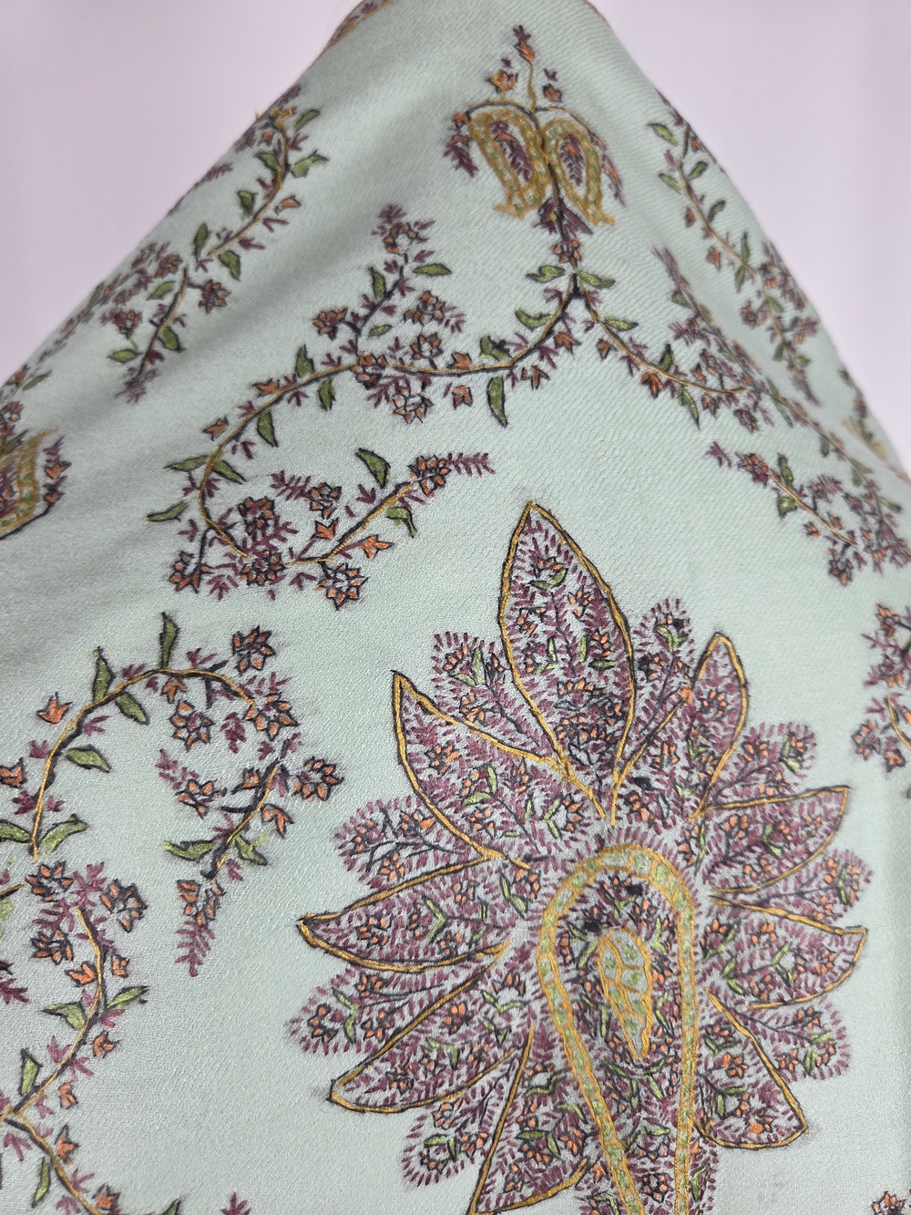 Kashmiri Sozni Hand-Embroidered Pashmina Shawl – Sage Green Floral Wrap - Picture 10 of 11